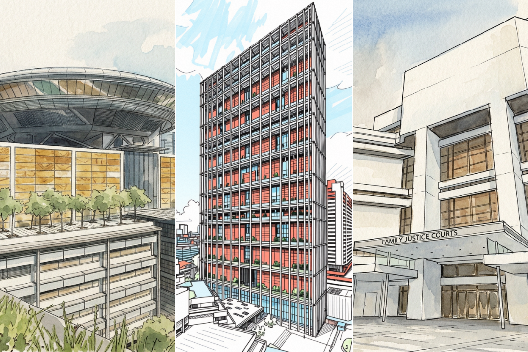 Photographs of the buildings of the State Courts, Supreme Court and the Family Justice Courts